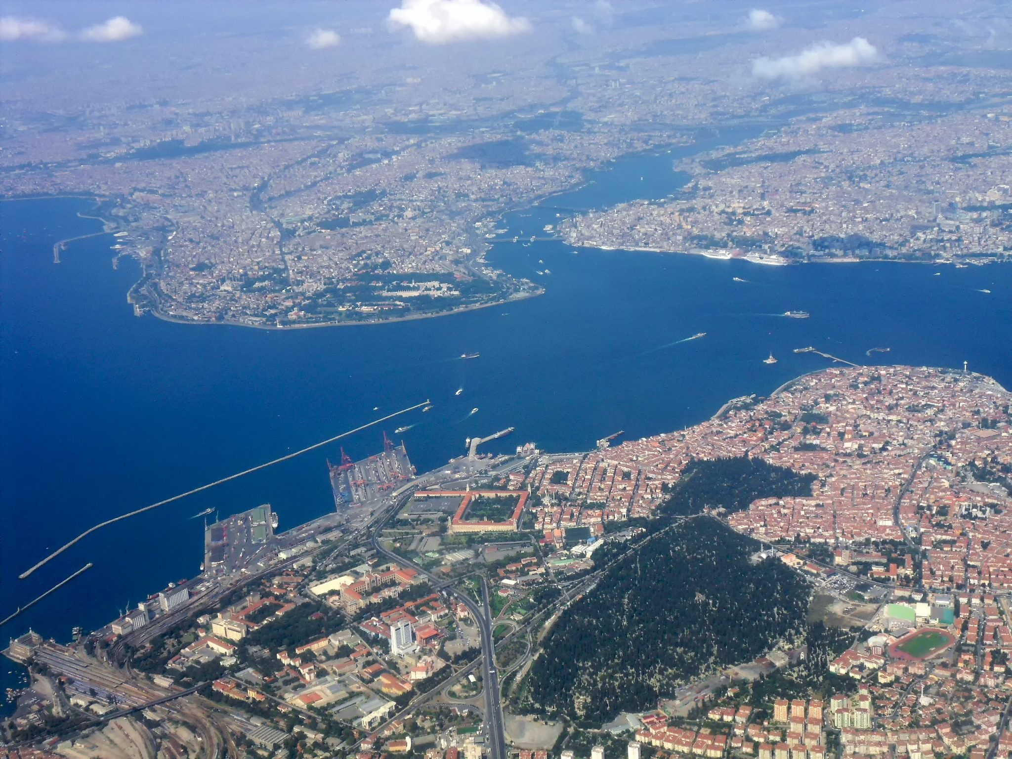 Aerial view of central Istanbul — the Bosphorus, historic peninsula and modern city skyline